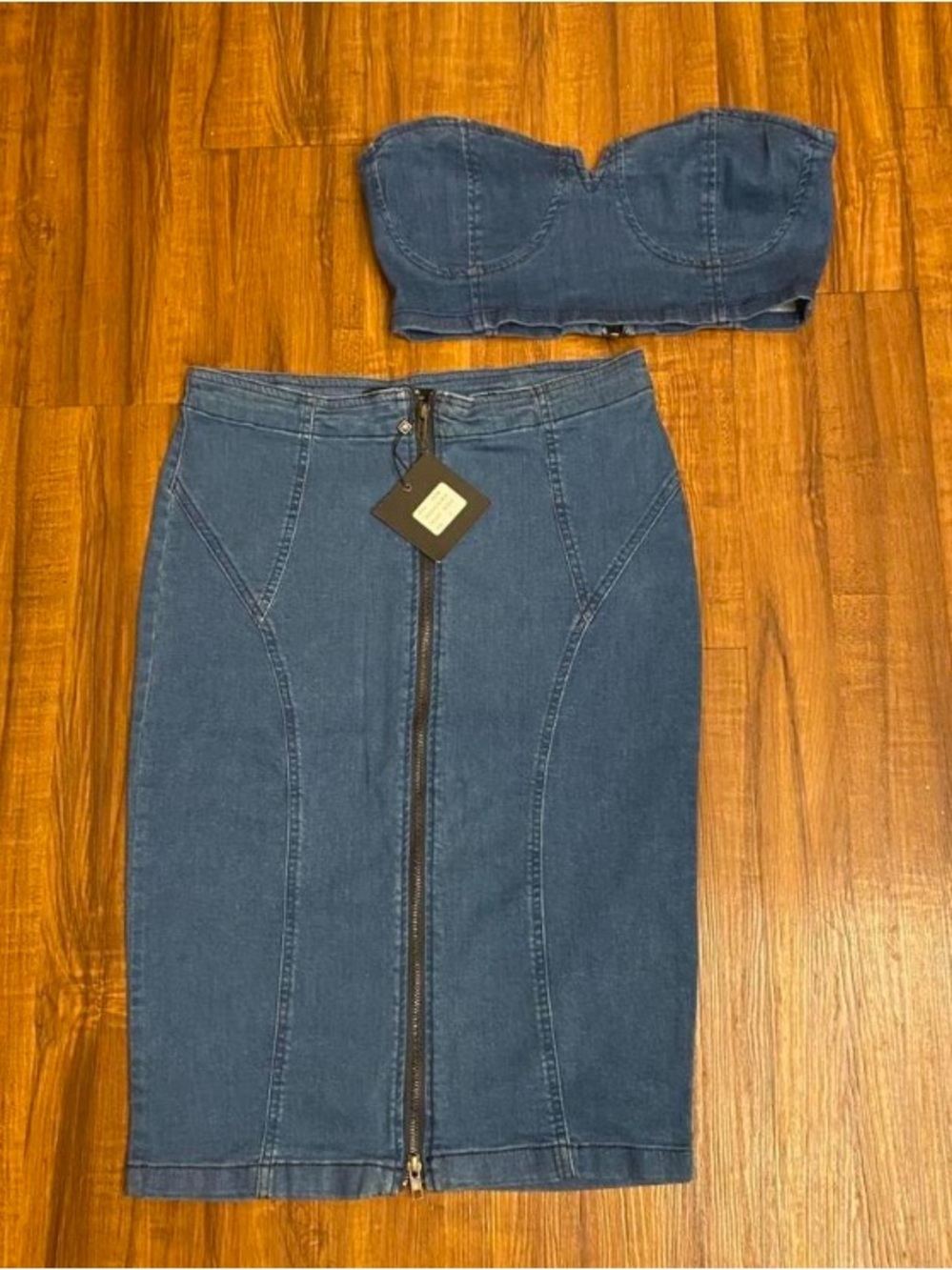 New Ladies High-Waist Denim Pencil Skirt with Front Zip - Dark Blue